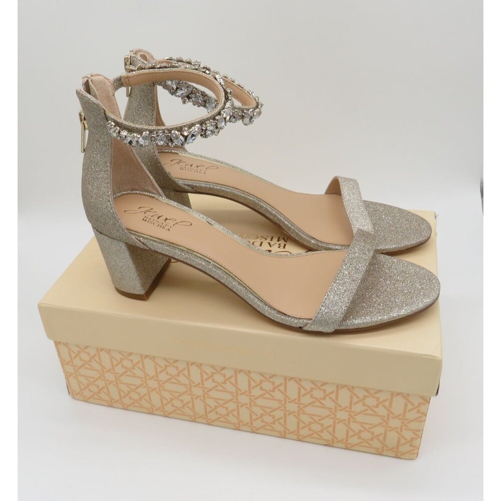 Jewel By Badgley Mischka Women's Gold Block Heel Sandals Rhinestone Strap 9 NEW